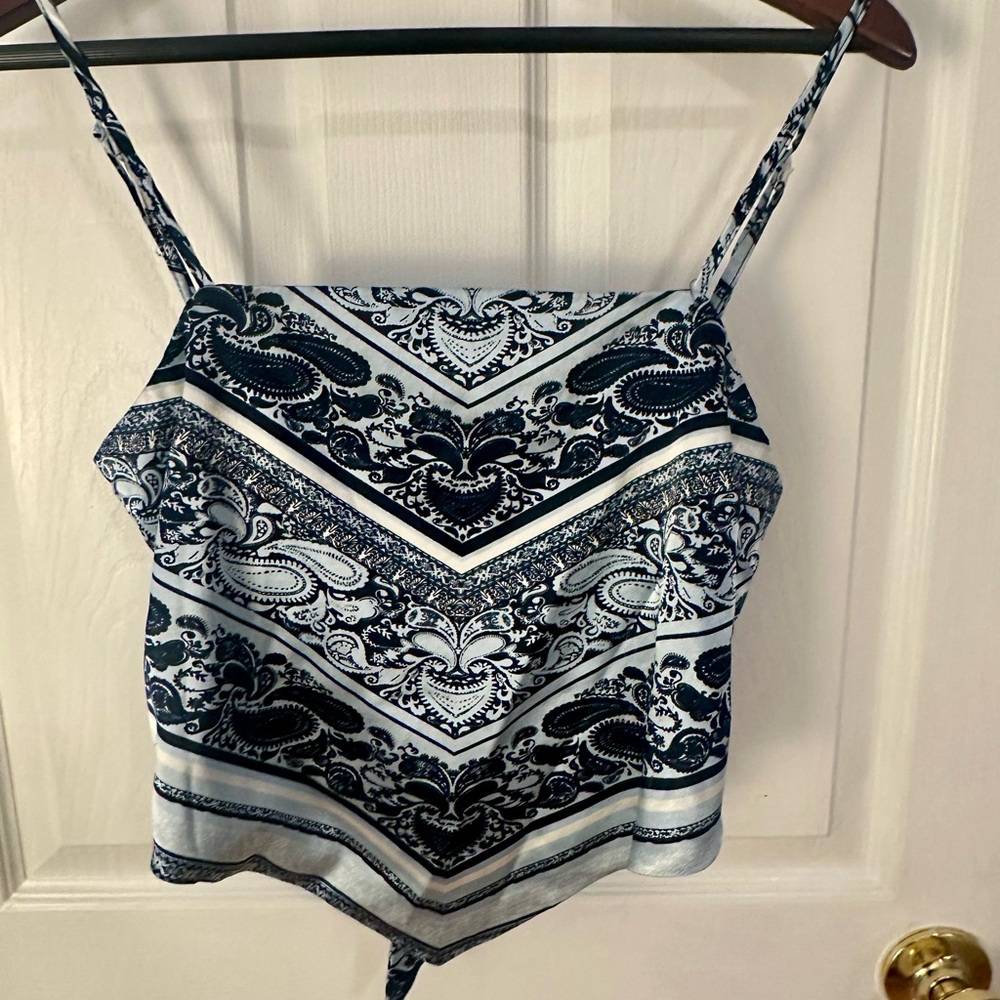 Navy, Light Blue and White Crop Scarf Top with Tie Back - M (Medium)